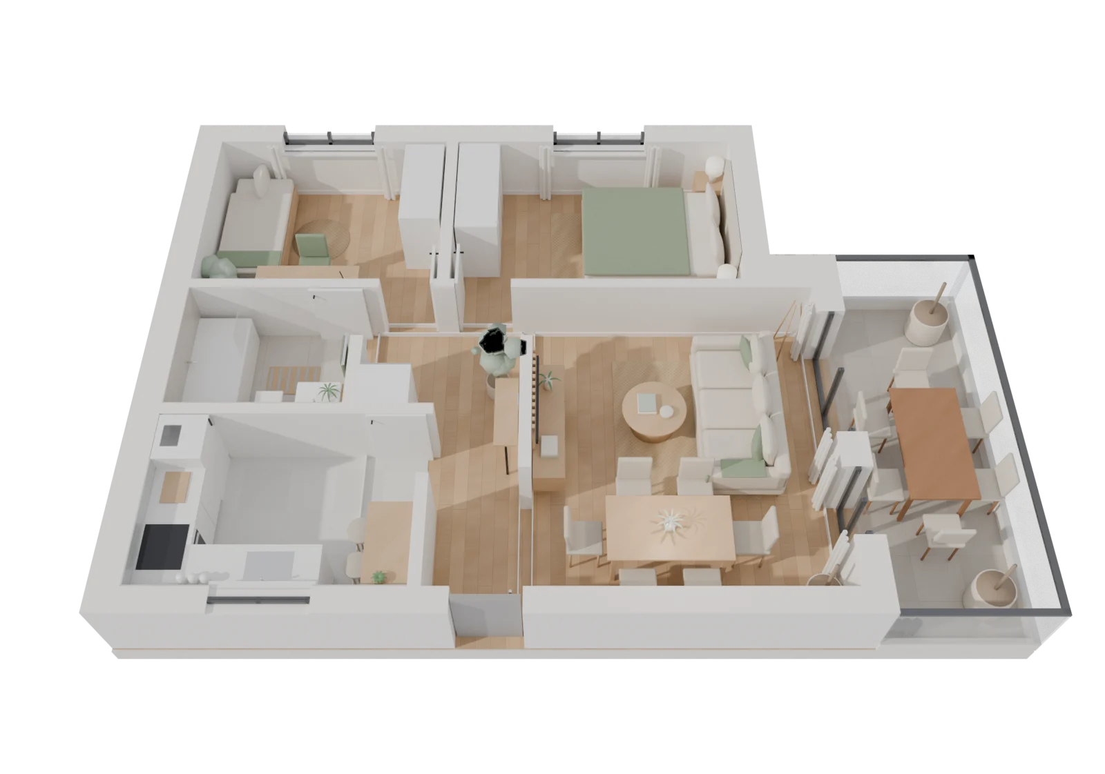 Maqueta 3D de la vivienda con los muros seccionados